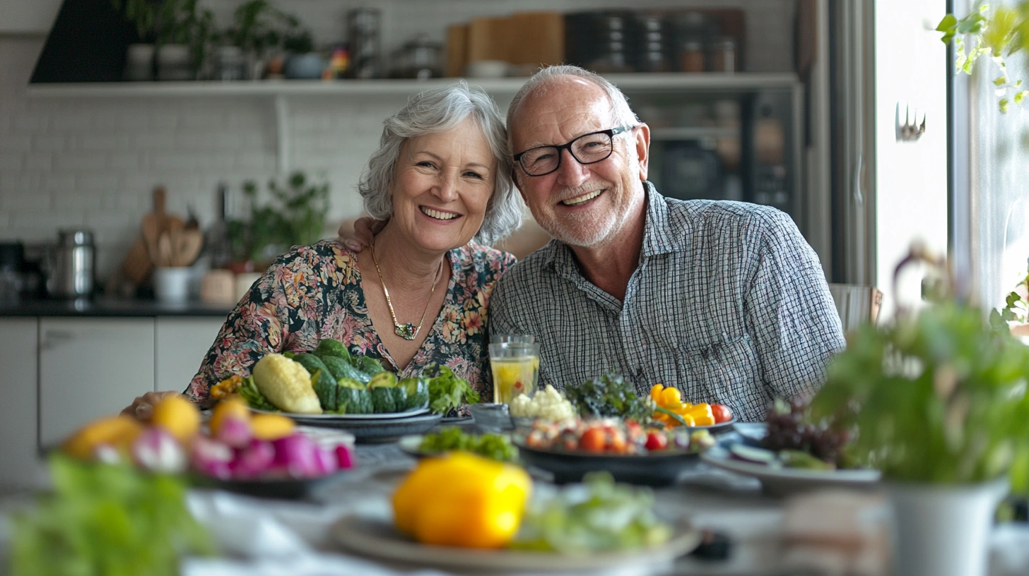 Щаслива пара пенсіонерів зі здоровою їжею